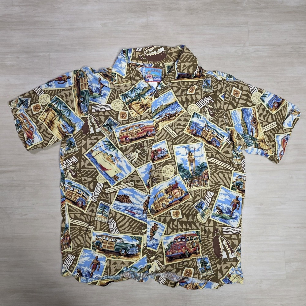 Joe Kealoha's Aloha Camp Shirt Mens Medium Brown Made in Hawaii Rayon Woody Surf